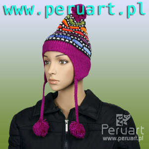 ELEGANCKA CZAPKA USZATKA Z POMPONAMI 08 MAGENTA